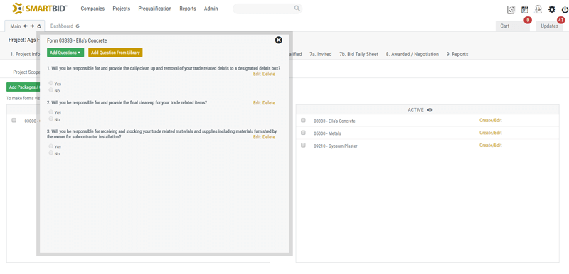 SmartBid Integrations and add-ons Bid Tabs Question Library Screenshot